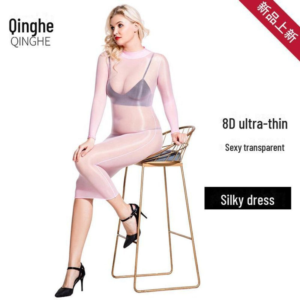 (white, Sleeveless Vest High Collar Long Dress Side Seam) Qinghe 8d Transparent High Collar Vest Dress & Stockings Jumpsuit - Sexy, Thin, And Oily For Women