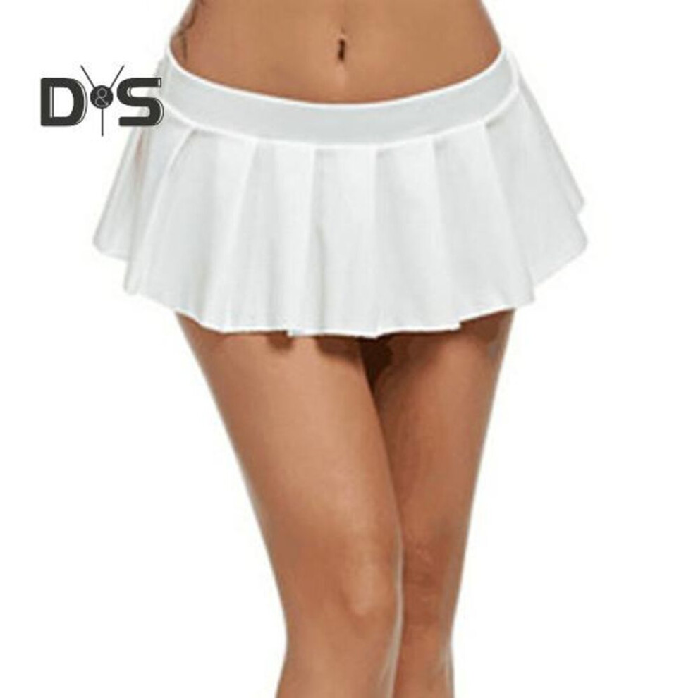 (L, white) Sexy Skirt Low-rise Solid Color Pleated Skirt Super Short A-line Style Skirt Party Night Club Micro Skirt