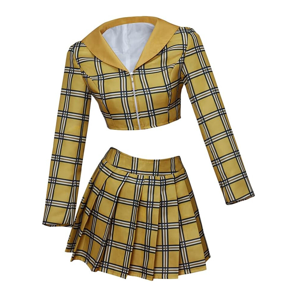 (Large) Clueless Cher Cosplay Costume Dress Plaid Crop Top Skirt Suit Halloween Outfit For Women Girls Yellow