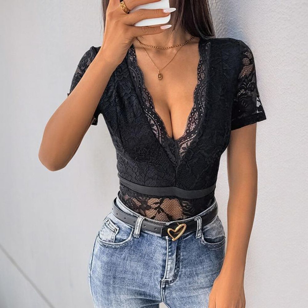 (black, XL) Women's Summer New Dinner Party Lace Short Sleeve V-neck Lace Sexy Jumpsuit