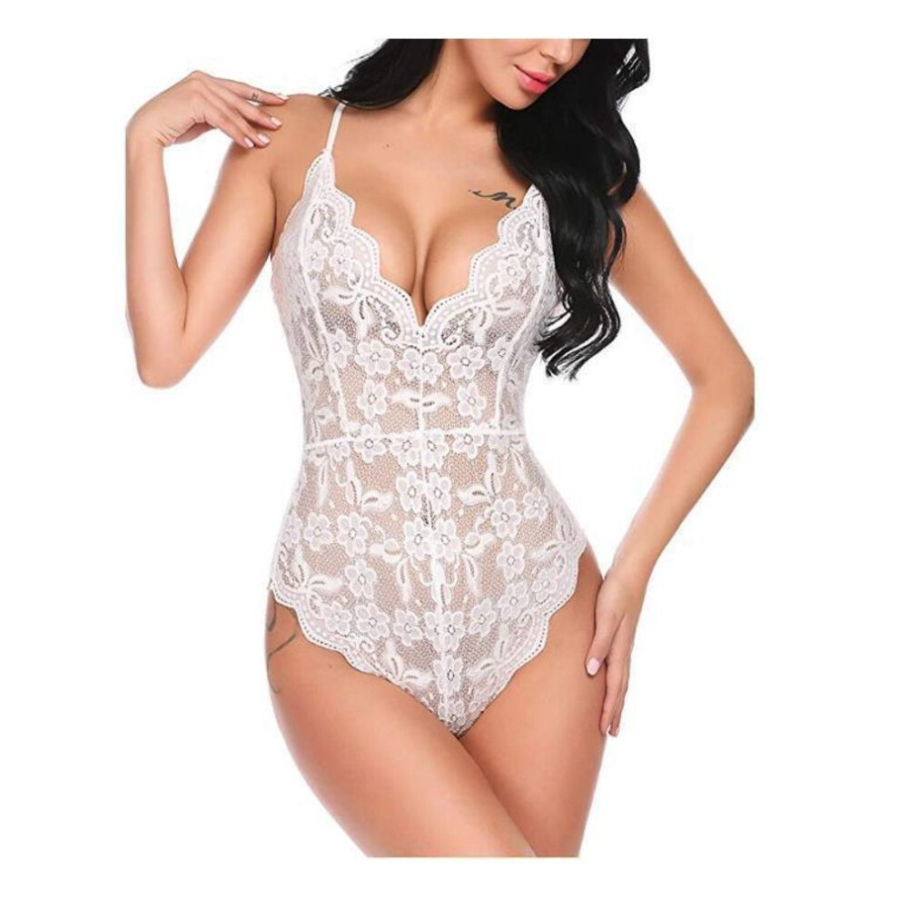 (white, XXL) Sexy lingerie women's onesie deep V backless sexy lace onesie