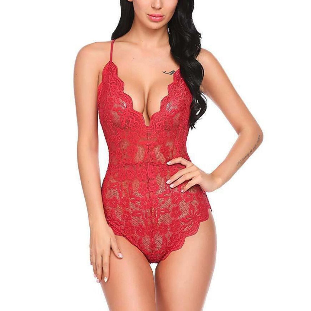 (red, XXL) Sexy lingerie women's onesie deep V backless sexy lace onesie