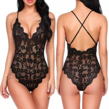 (black, L) Sexy lingerie women's onesie deep V backless sexy lace onesie