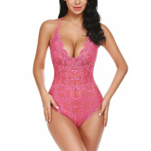 (pink, S) Sexy lingerie women's onesie deep V backless sexy lace onesie