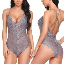 (gray, L) Sexy lingerie women's onesie deep V backless sexy lace onesie