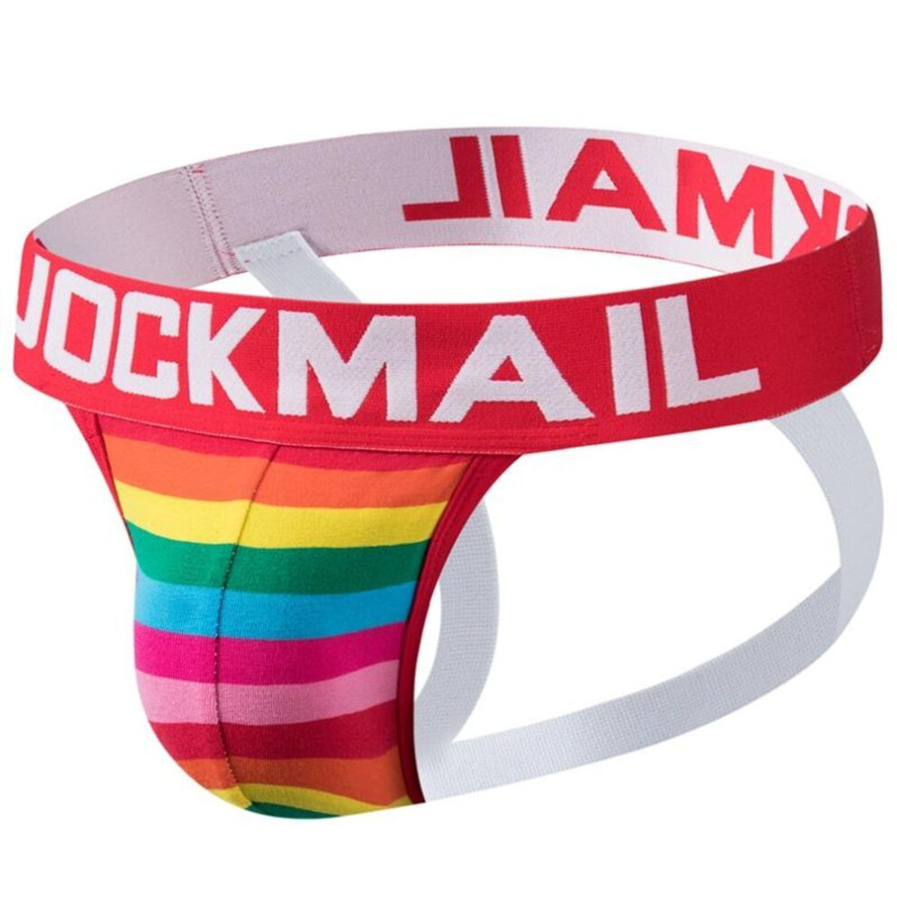 (L, red) Jockstraps Jockmail Striped Printed Cotton Low Rise Lgbtq Series Men's Thong Underwear