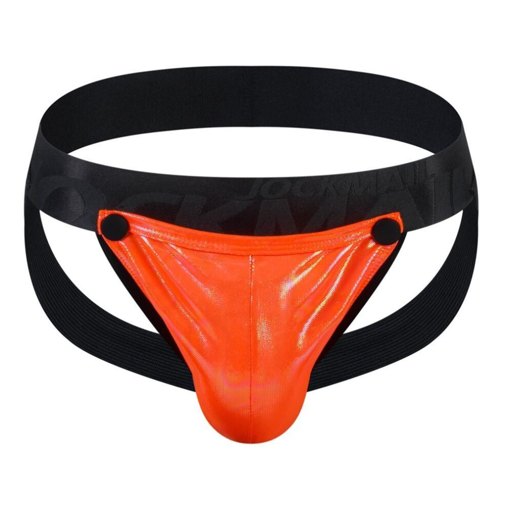 (XL, orange) Jockstraps Jockmail Fashion Sexy Detachable Scrotal Pouch Men's Thong Underwear Imitation Leather Material Laser Color Low Waist Men's Underwear