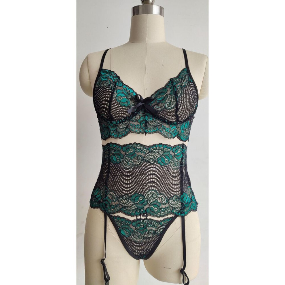 (M, green) European and American Two-Tone 3-Piece Lace Lingerie Set