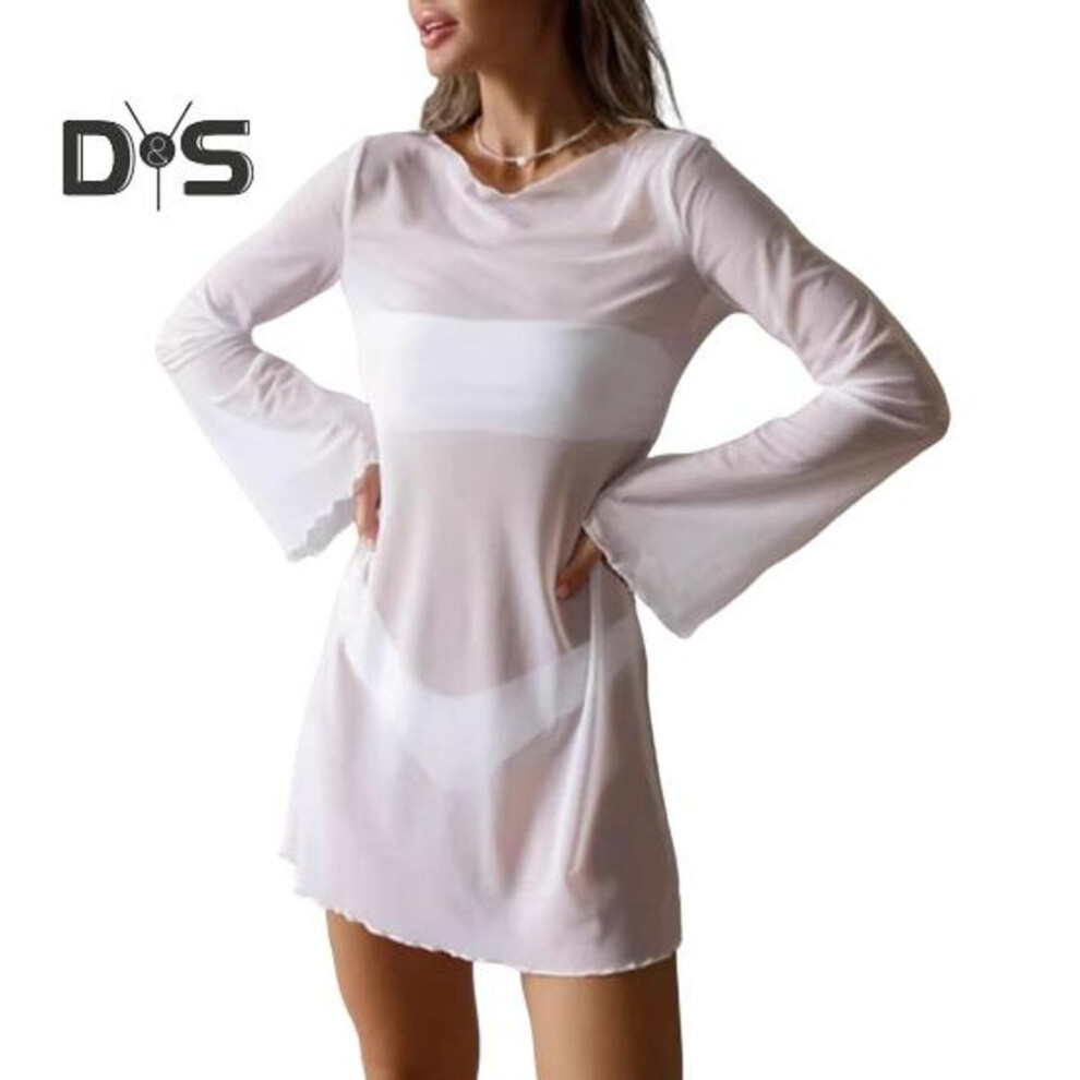 (XL, white) Women's Sexy Sheer Mesh Swimsuit Cover Up Round Neck Long Bell Sleeves Beach Bodycon Mini Dress Summer Bikini Cover-up