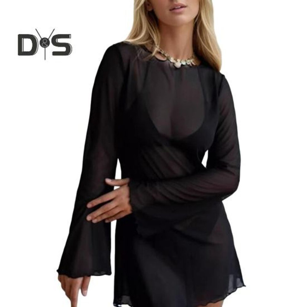 (XL, black) Women's Sexy Sheer Mesh Swimsuit Cover Up Round Neck Long Bell Sleeves Beach Bodycon Mini Dress Summer Bikini Cover-up