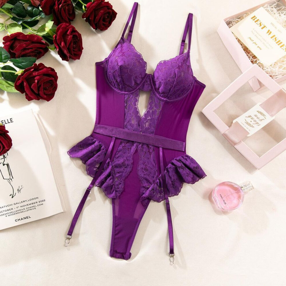 (purple, XL) Fashion New Body Sculpting Transparent Lace Seduction Women's Jumpsuit Hollow Backless Sexy Sex Onesie