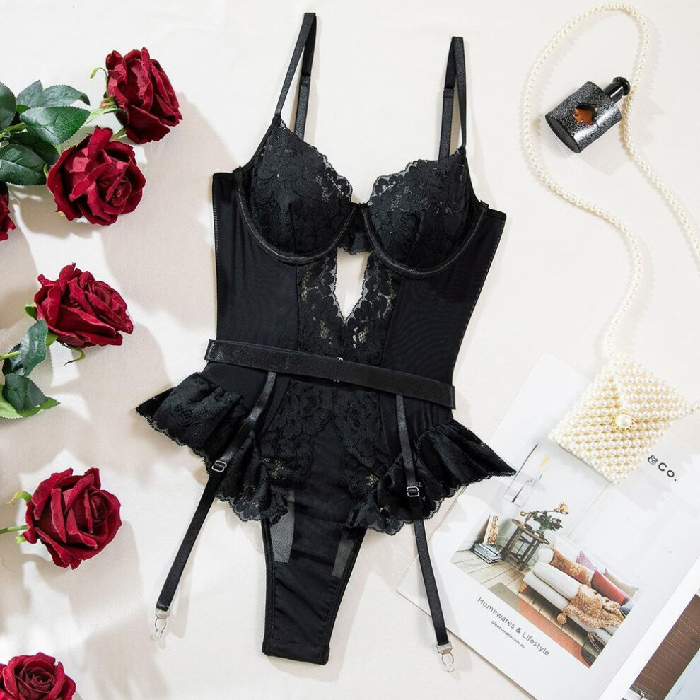 (black, XL) Fashion New Body Sculpting Transparent Lace Seduction Women's Jumpsuit Hollow Backless Sexy Sex Onesie