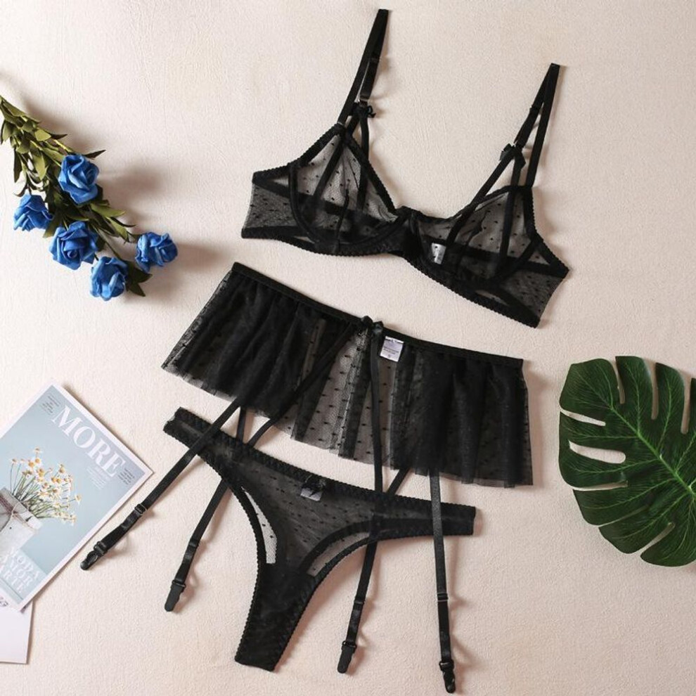 (M, black) Fashion White lace light and sexy small skirt steel ring sex underwear three-piece set