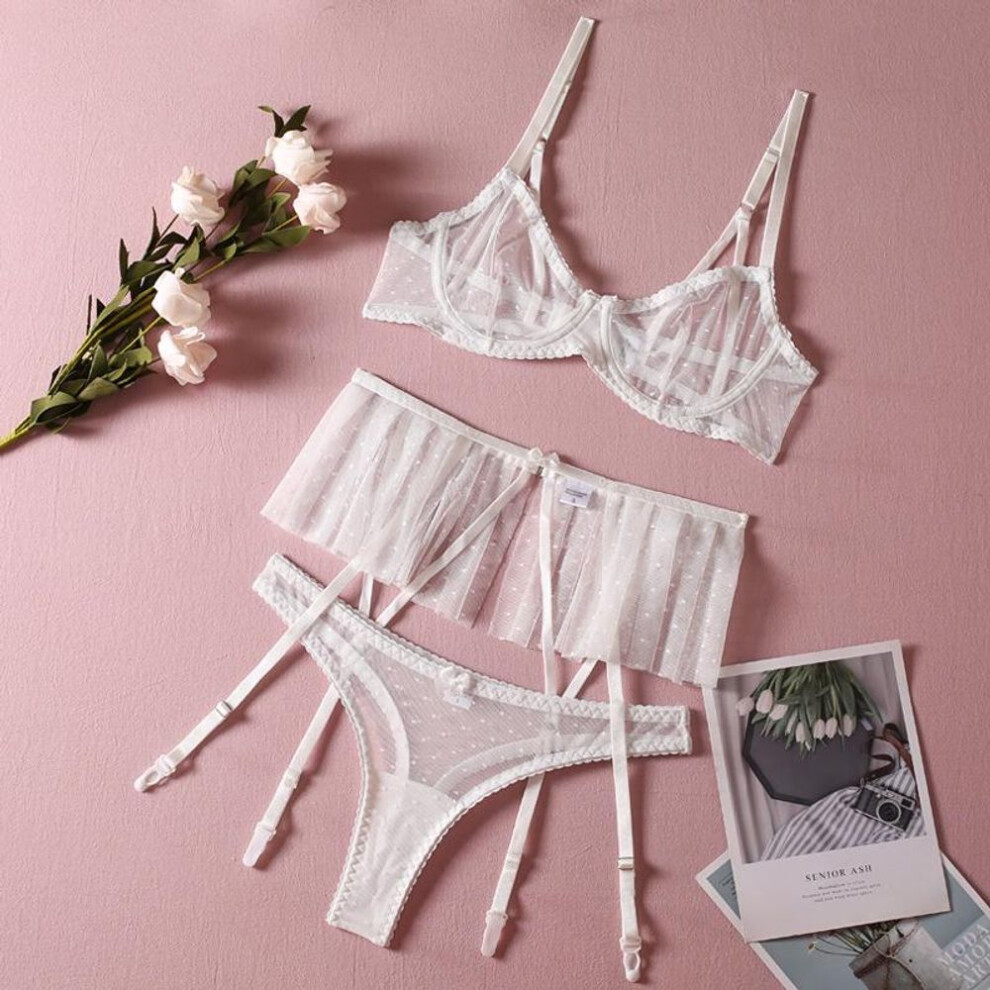 (M, white) Fashion White lace light and sexy small skirt steel ring sex underwear three-piece set
