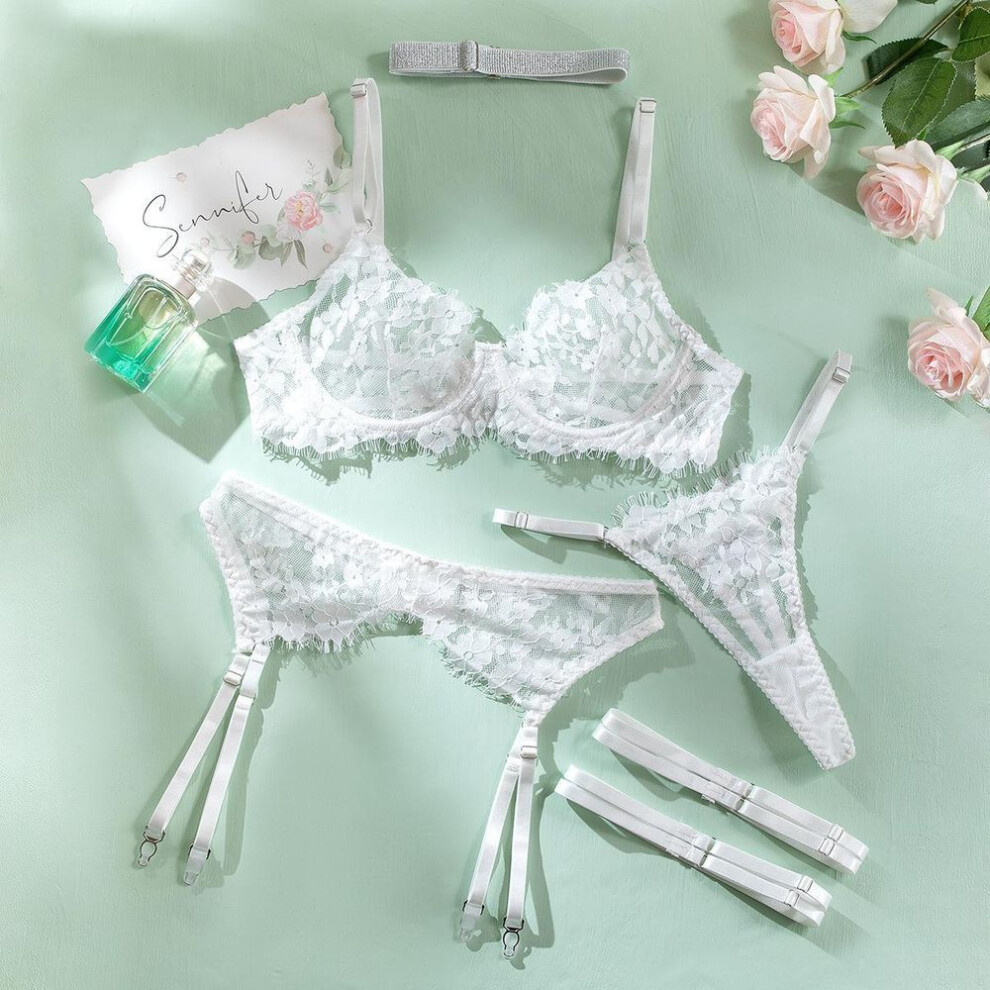 (S, white) Fashion Lace sexy underwear with strength ring garter belt four-piece set