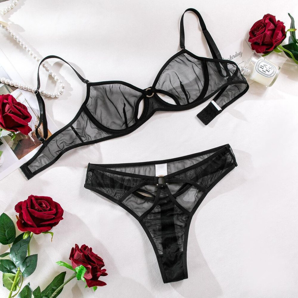 (S, black) Fashion Lightweight Perspective Hollowed-out Single-layer Mesh Bra Thong Sexy Underwear Set