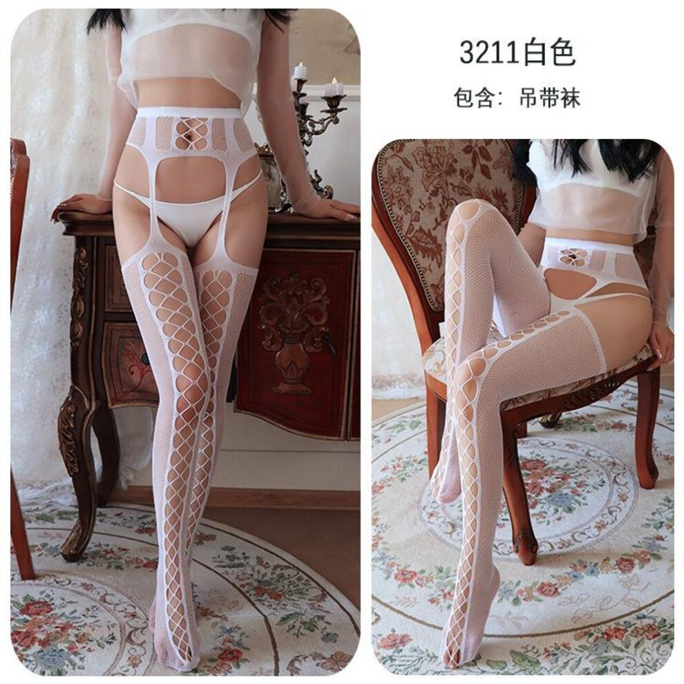 (Hardcover (80-70 kg), white) Sexy  Fishnet Socks Y Lace Open Jumpsuit Stockings One-piece Mesh Garter Suspenders Seduction