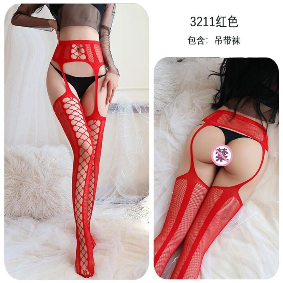 (Hardcover (80-70 kg), red) Sexy  Fishnet Socks Y Lace Open Jumpsuit Stockings One-piece Mesh Garter Suspenders Seduction