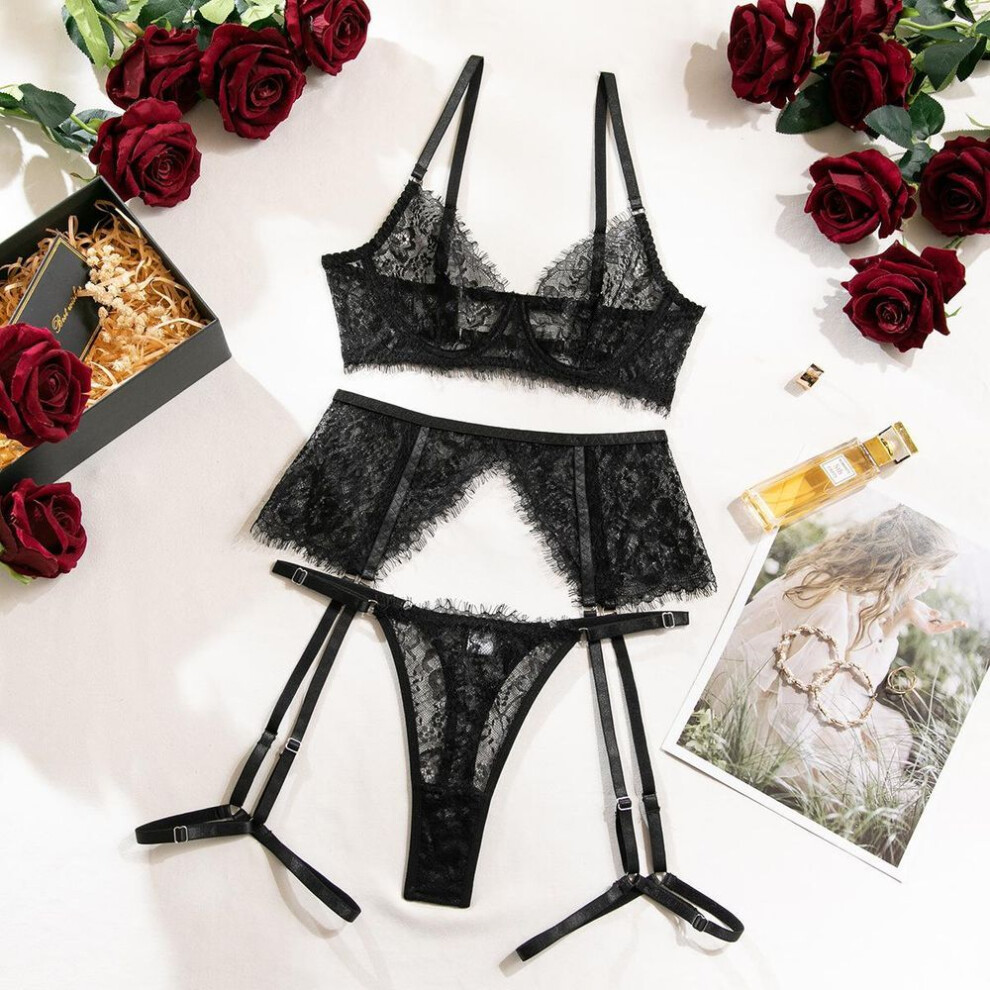 (S, black) Fashion Black lace eyelash lace bra set, sexy three-point pure desire temptation erotic underwear three-piece set