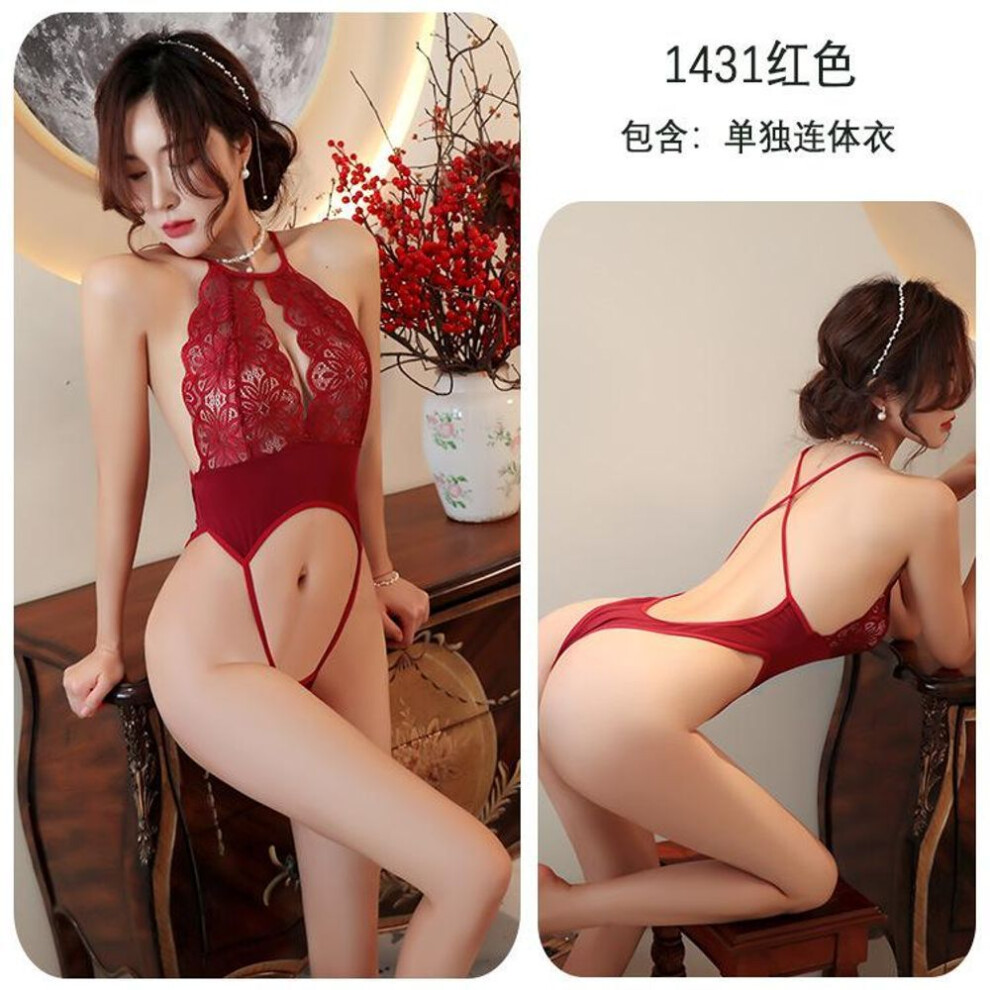 (red, One Size (80-62.5 kg)) Sexy  y lingerie y lace hollow onesie open seduction cosplay passion woman
