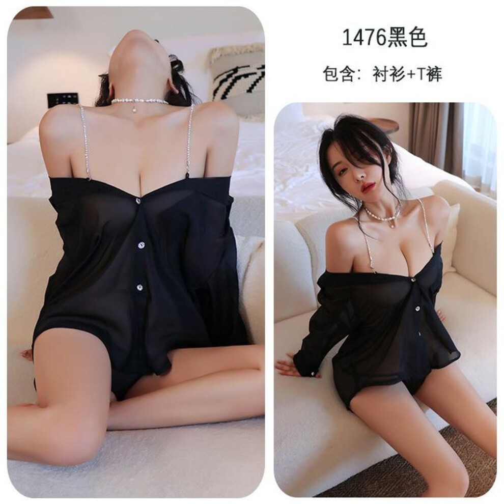 (black, One Size (80-62.5 kg)) Sexy Sexy Perspective Uniform Temptation Chiffon Off-Shoulder Shirt Suspender Dress Women 1476