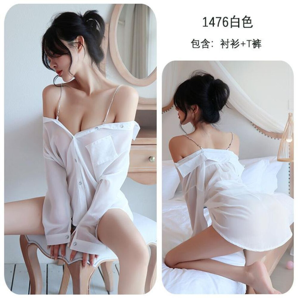 (white, One Size (80-62.5 kg)) Sexy Sexy Perspective Uniform Temptation Chiffon Off-Shoulder Shirt Suspender Dress Women 1476