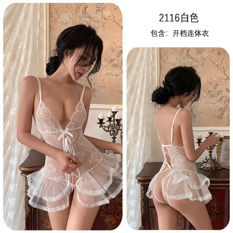 (white, One Size (80-62.5 kg)) Sexy Sexy Lace Mesh Perspective Suspender Pajamas Uniform Seduction Onesie Women 2116