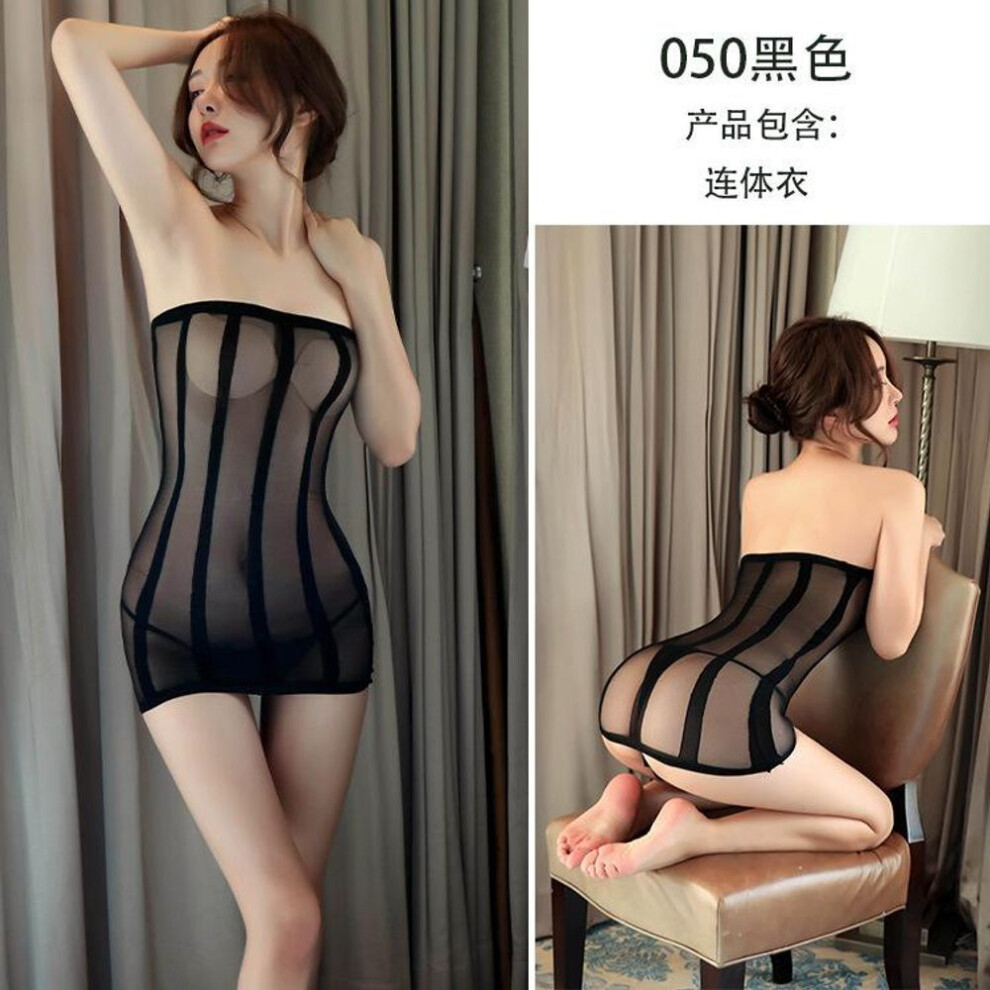 (black, Hardcover (80-60 kg)) Sexy underwear women's perspective striped tube top, hip-wrapped short skirt, mesh tights, sexy stockings