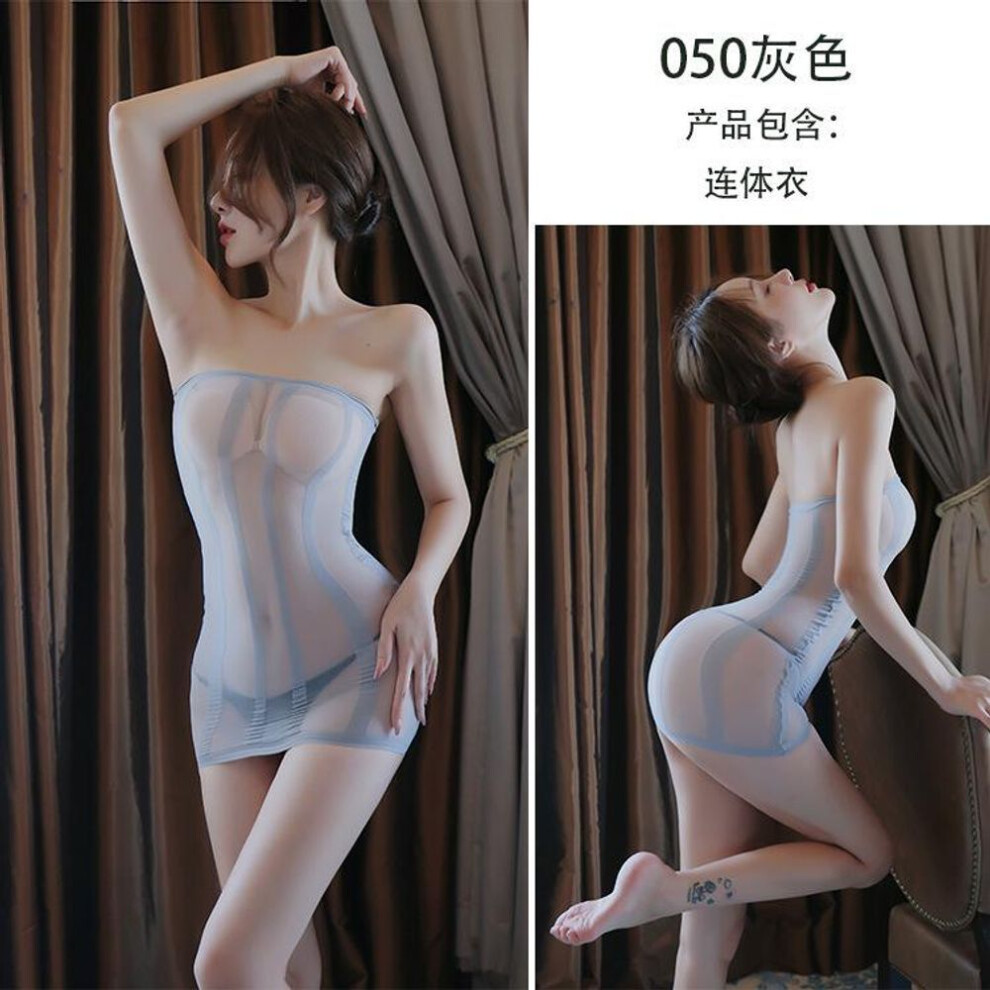 (gray, Hardcover (80-60 kg)) Sexy Underwear Women's Perspective Striped Tube Top, Hip-wrapped Short Skirt, Mesh Tights, Sexy Stockings