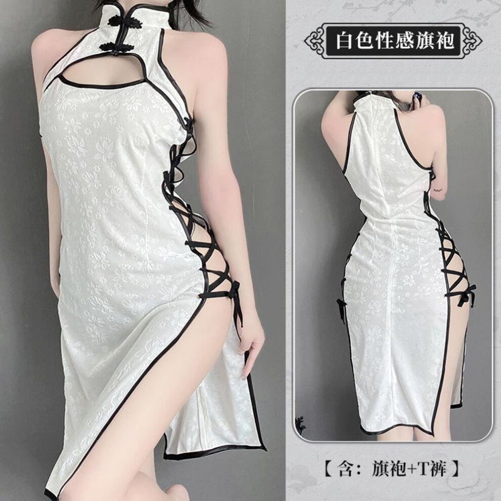 (white, Average size [80-120] catties) Fun Sexy Hollow Hot Strap Up Collar Cheongsam Pure Desire Uniform Cosplay Pack 7