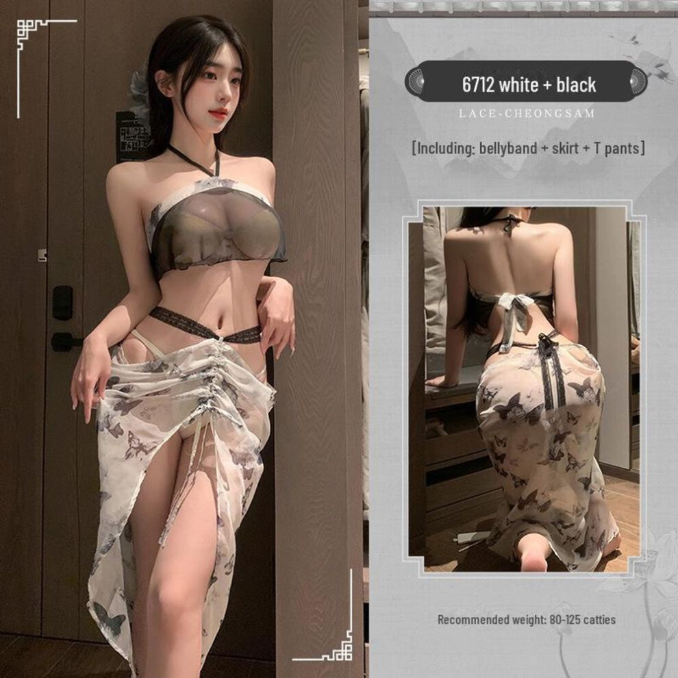 Feimu Chinese Ink Butterfly Print Lingerie Set - Sultry Sheer Nightdress 6712