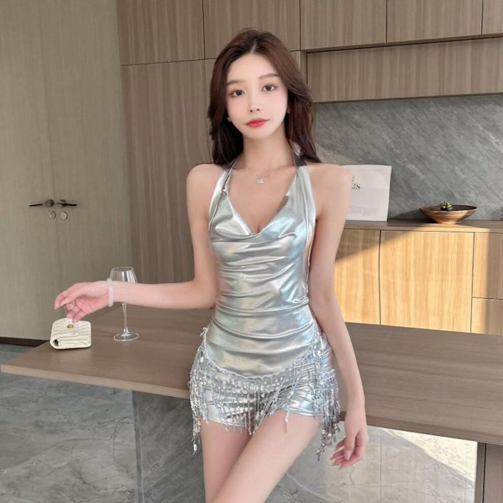 (white, Large) Backless Glitter Halter Dress With Dj Disco Hot Pants