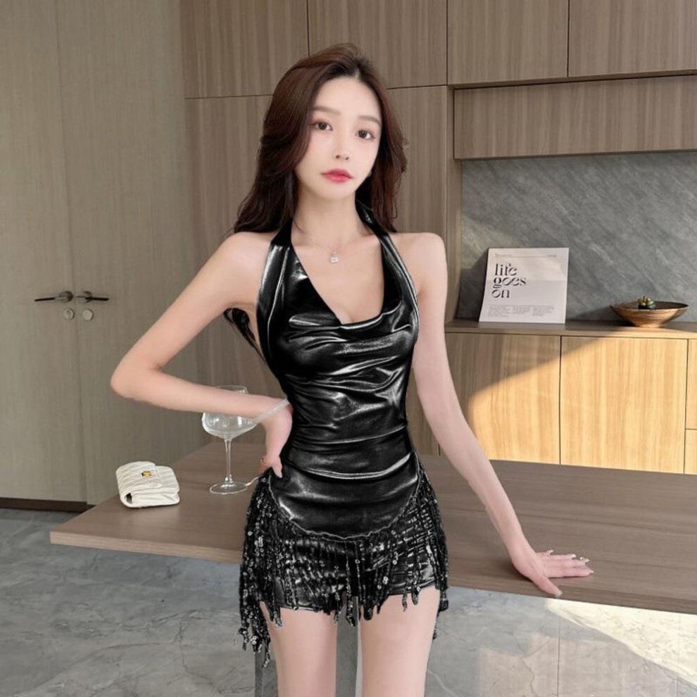 (black, Medium) Backless Glitter Halter Dress with DJ Disco Hot Pants