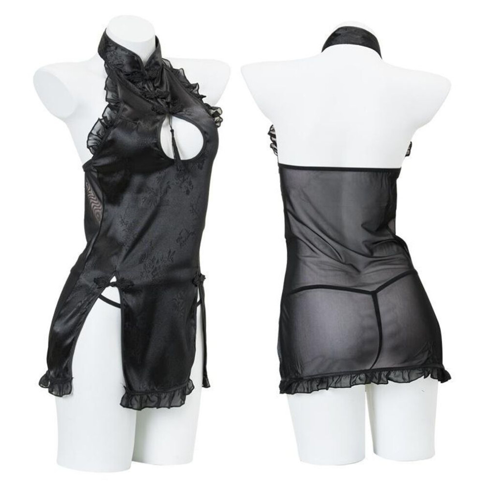 (black, one size fits all) Sexy retro hollow cheongsam hot mesh perspective temptation uniform set