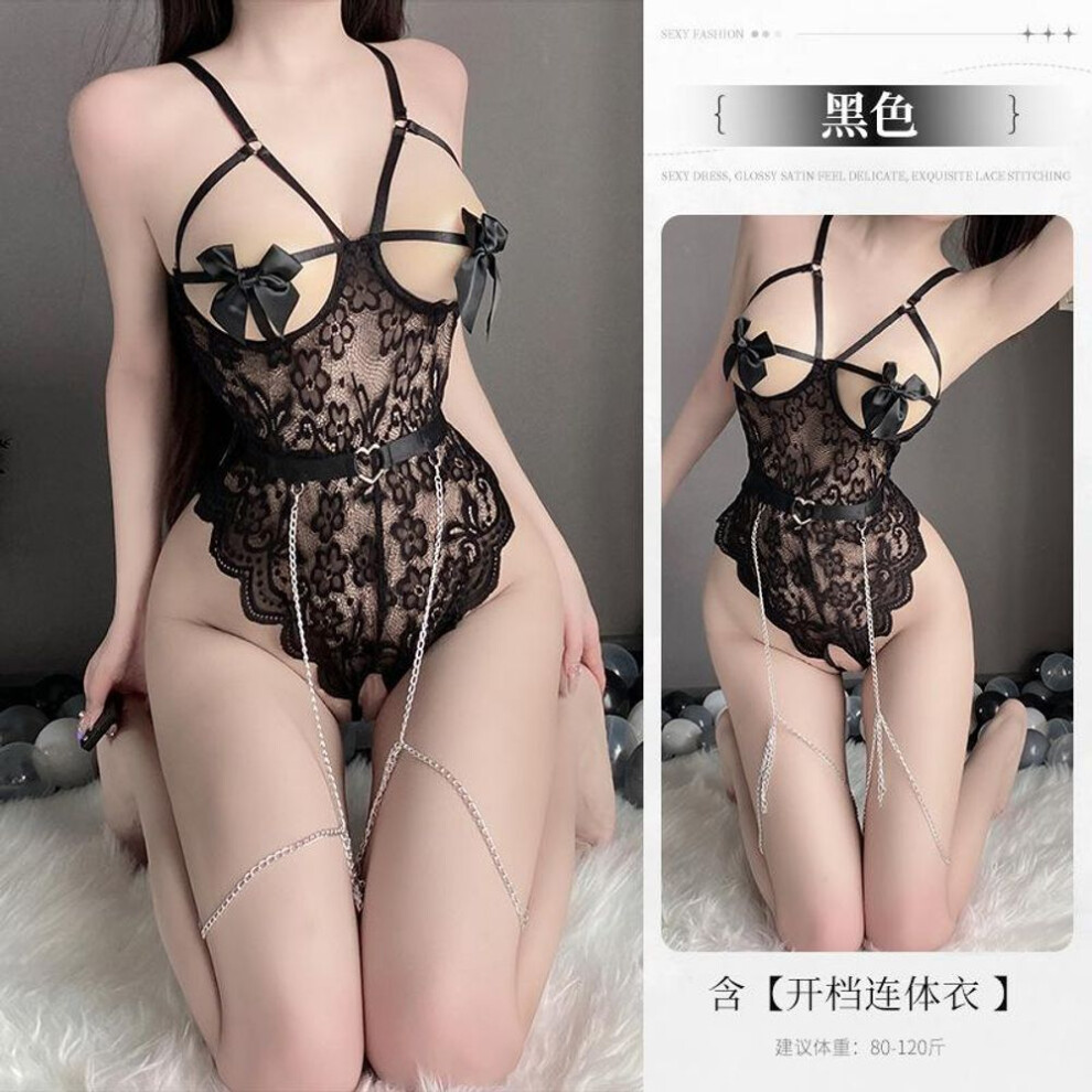 (black, One Size (80-60kg)) Sexy lingerie sexy lace temptation onesie women's hot perspective pajamas free temptation uniform suit