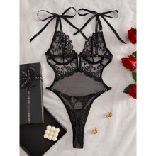 (black, M) Sexy lace embroidery perspective sexy seduction shapewear with steel rim
