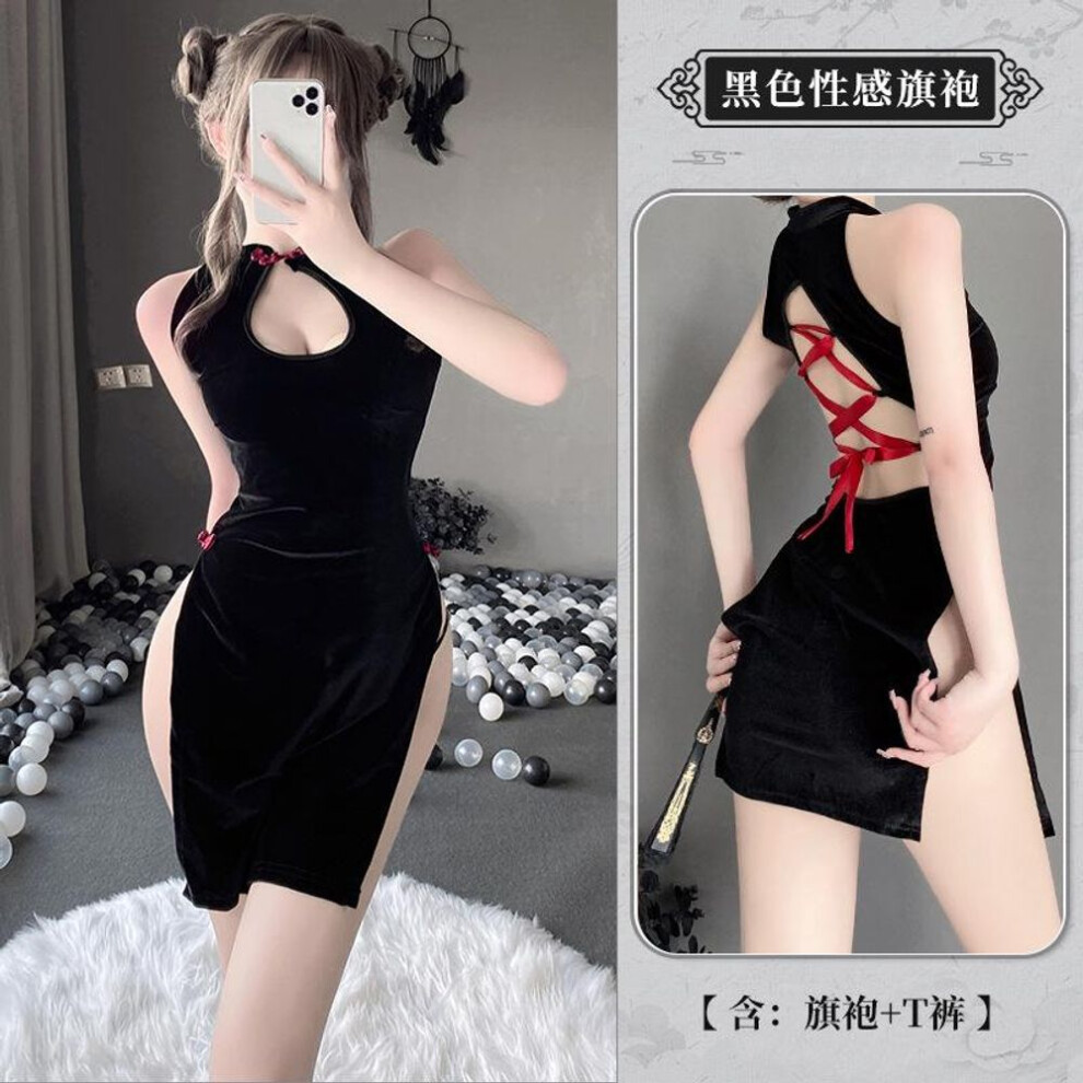 Brand sexy hollow retro buckle split fork backless lace-up cheongsam home uniform set