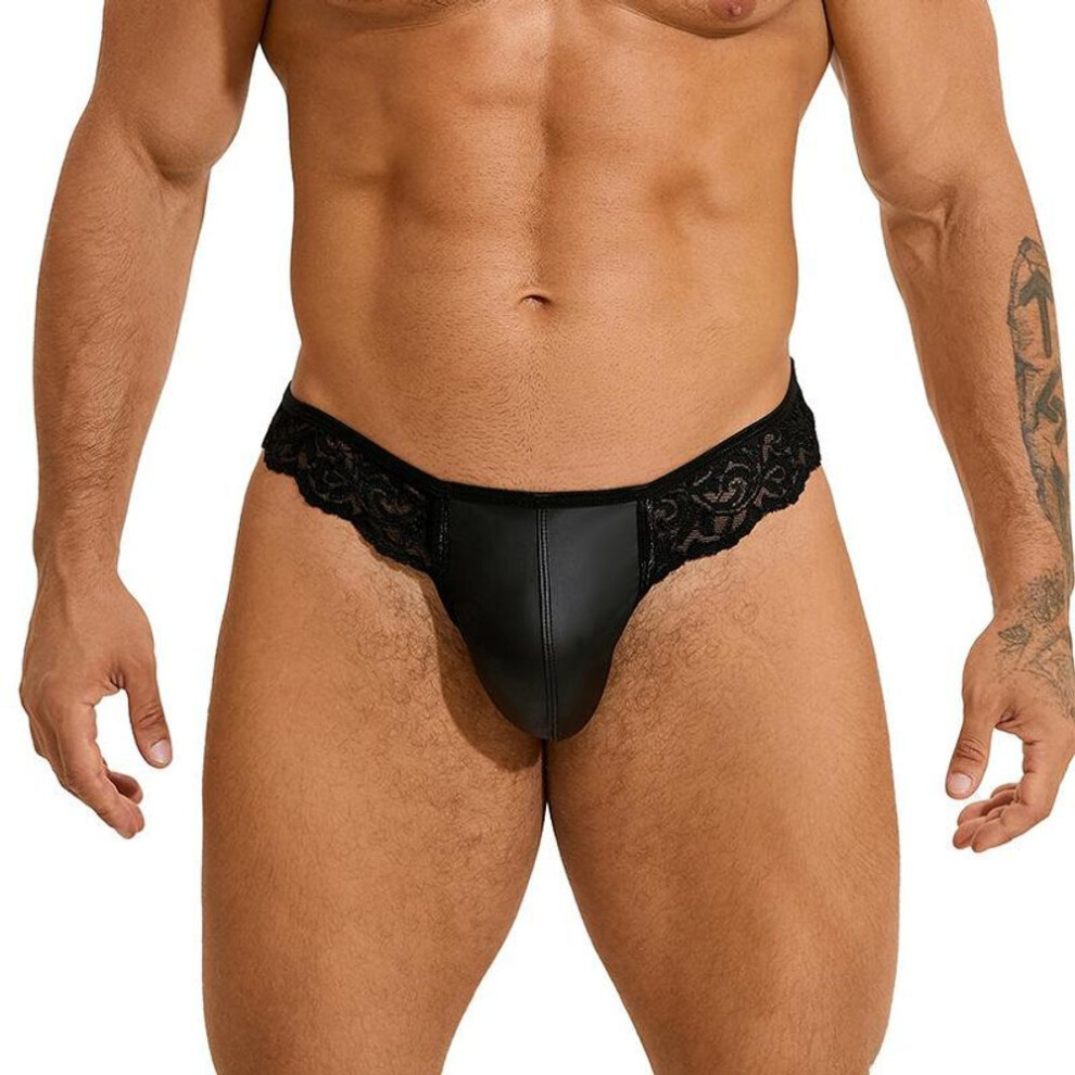 (M(INTL.S), as the picture) Large Size Sex Panties Men's Sexy Faux Leather Buttocks Thong Pants Lace Splicing Low Waist T Pants