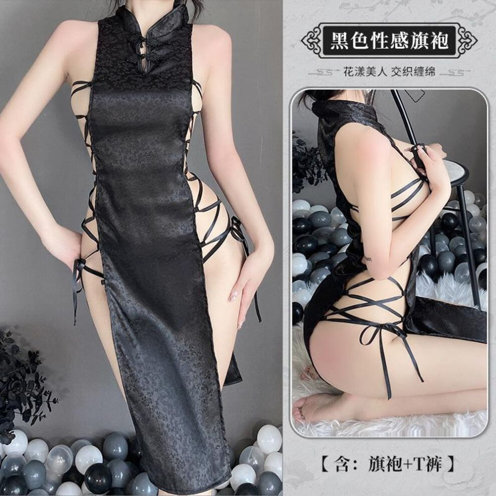 (black, one size fits all) Sex underwear retro buckle sexy temptation straps high split jacquard satin cheongsam nightdress
