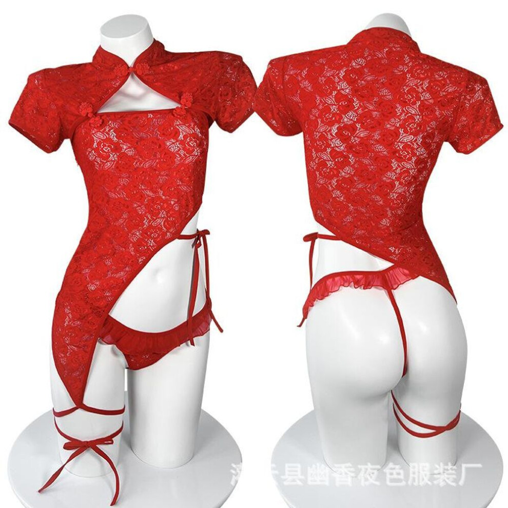 (red, one size fits all) Sex clothes bed cheongsam transparent pajamas sexy small chest uniform seduction passion suit women