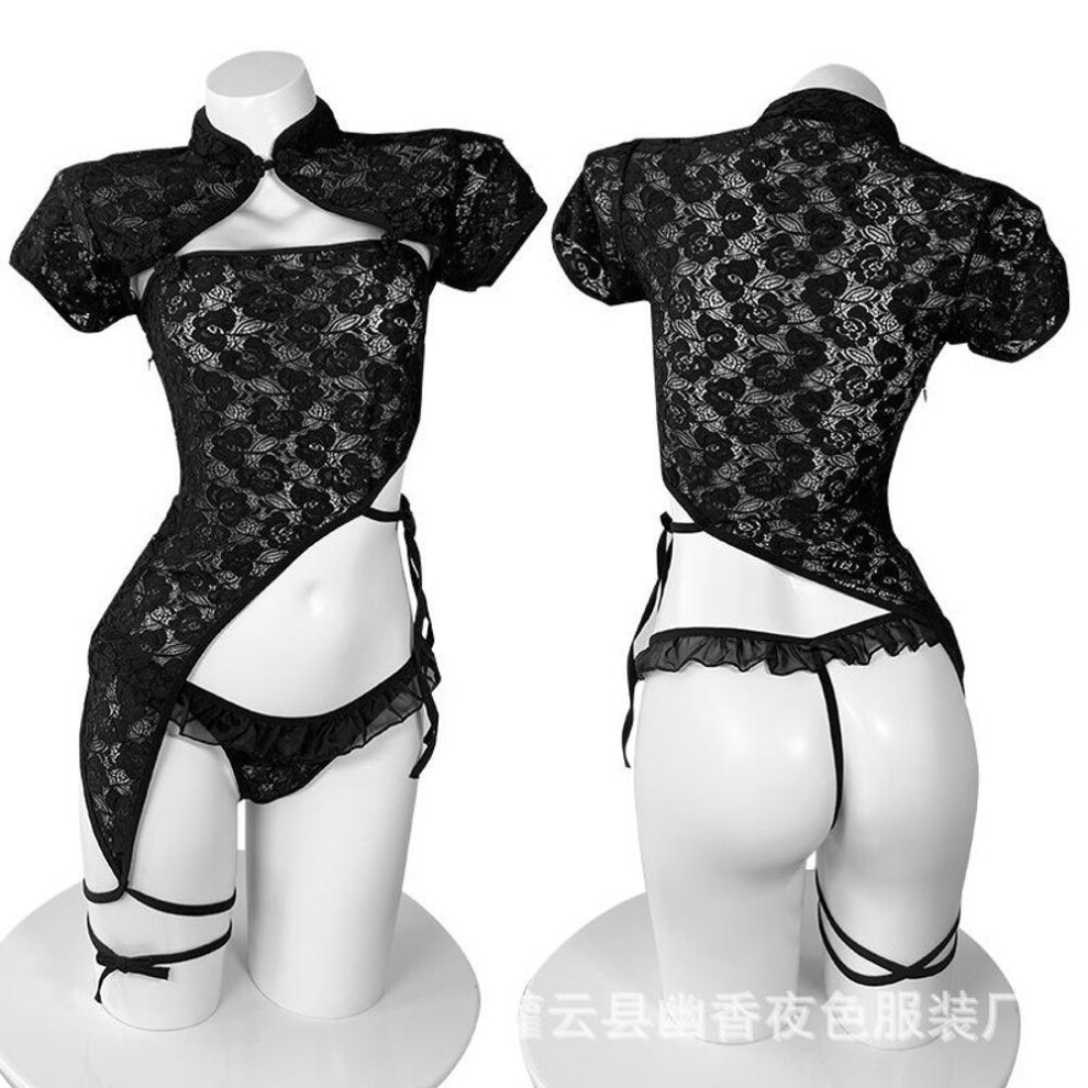 (black, one size fits all) Sex clothes bed cheongsam transparent pajamas sexy small chest uniform seduction passion suit women