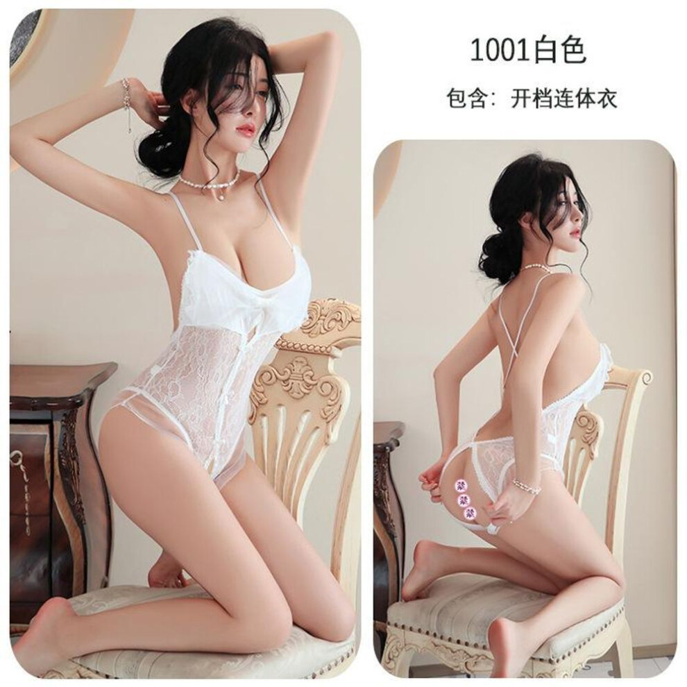 (white, One Size (80-62.5 kg)) Sexy lingerie sexy pajamas deep V perspective lace suspenders crotch free onesie women