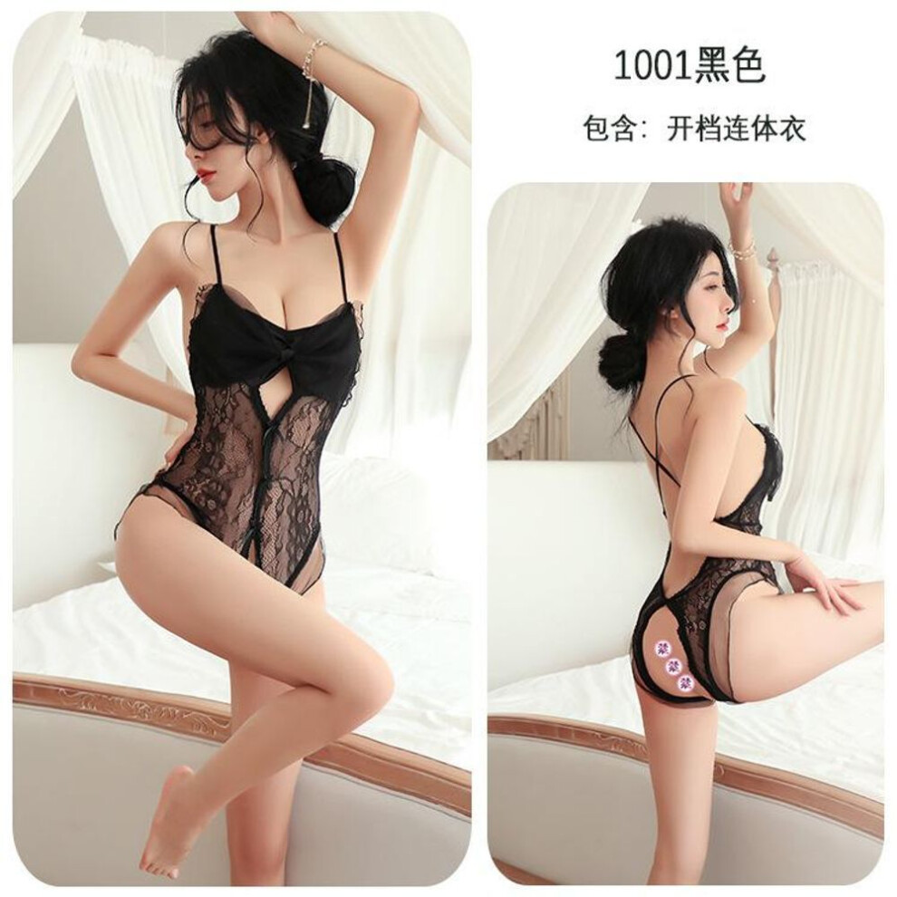 (black, One Size (80-62.5 kg)) Sexy lingerie sexy pajamas deep V perspective lace suspenders crotch free onesie women