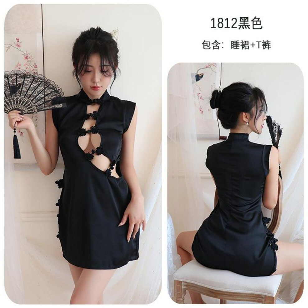 (black, One Size (80-62.5 kg)) Sex Lingerie Women's Uniform Seduction Pure Desire Retro Cheongsam Dress Sexy Bed Set