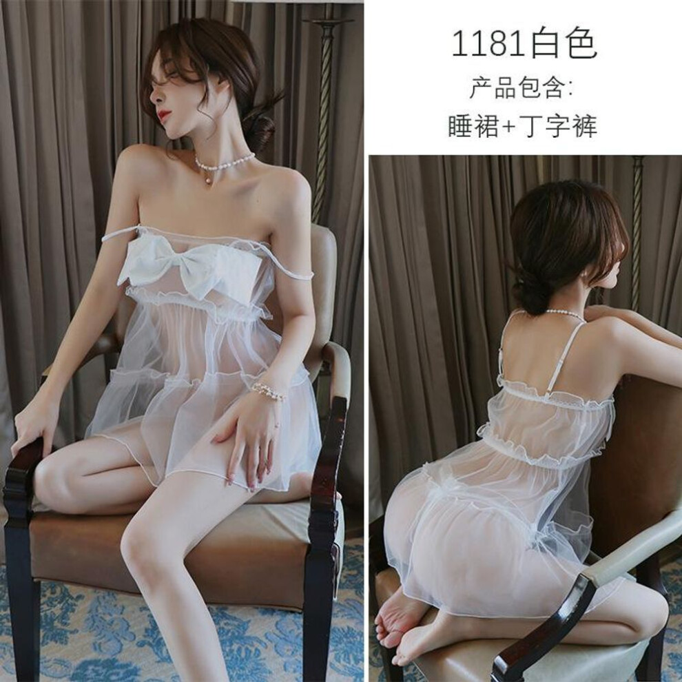 (white, One Size (80-60kg)) Sexy lingerie sexy lace bow pajamas passion suit perspective uniform seduction woman