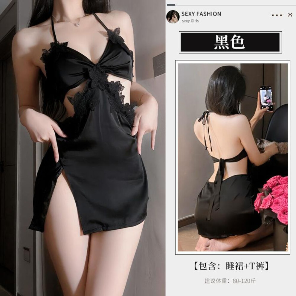 (black, One Size (80-60kg)) Sexy lace deep v perspective split-ended nightdress pure desire erotic underwear sexy naked back temptation free set 8