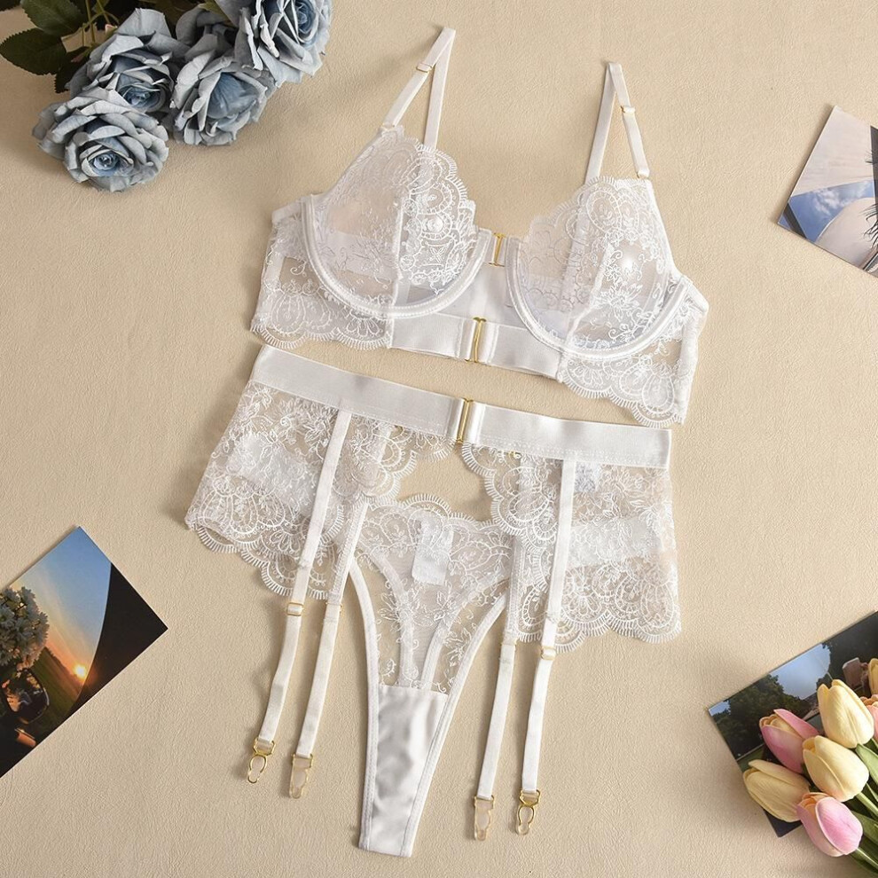 (M, white) Underwear for Women Lace Erotic Lingerie Embroidered Bra Exposed Breasts Complex Metal Sexy lingerie 3-Piece Set
