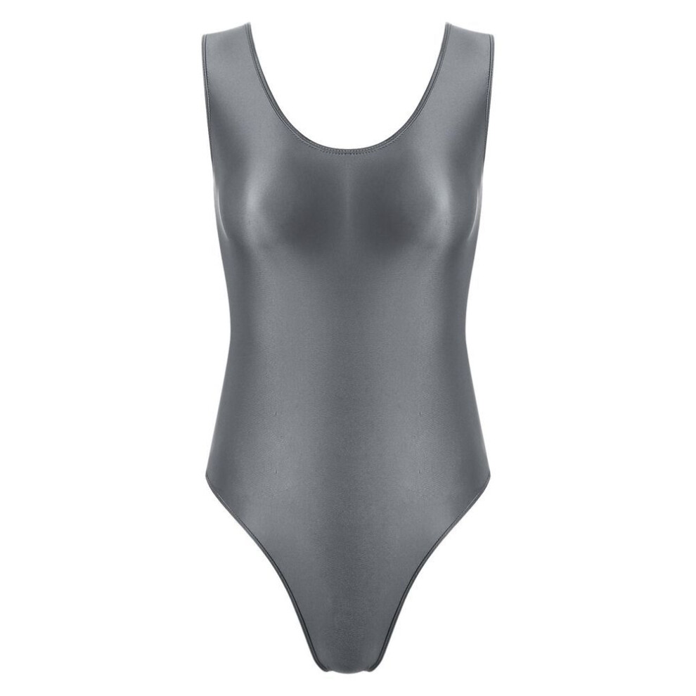 (XL, dark grey) Womens Glossy Backless Bodysuit Pool Party Swimsuit Swimwear High Cut Sleeveless Leotard for Sports Workout Yoga