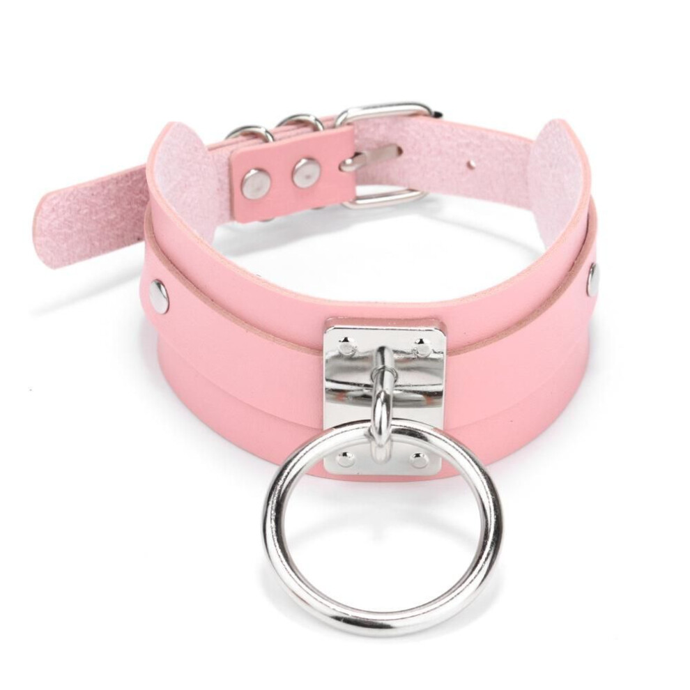 (pink) Belt Oversized O-Shaped Metal Leather Single Ring Collar Neck Cover Nightclub Wild Necklace Neck Chain Neck Chain