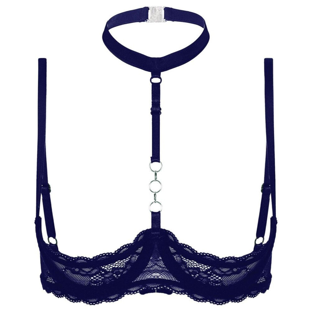 (L, navy blue) Women Sexy Lace 1/4 Cups Push Up Bra Lingerie Adjustable Spaghetti Straps Bra Sexy Underwear